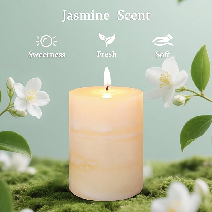 3x4 Inches Jasmine Scented Pillar Candles Ivory White Hand-Poured Candle Long Burning Aromatherapy Candle for Home Scented Wedding Bar Centerpiece Table Decoration, 3 Pack