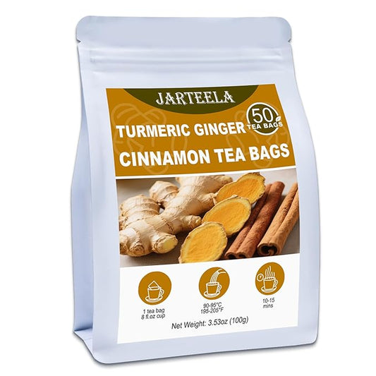 Jarteela - Turmeric Ginger Cinnamon Tea Bags - 2g x 50 Count - Premium Turmeric, Ginger, Cinnamon Herbal Tea Bags - Non-GMO - Caffeine-free - Support Overall Health