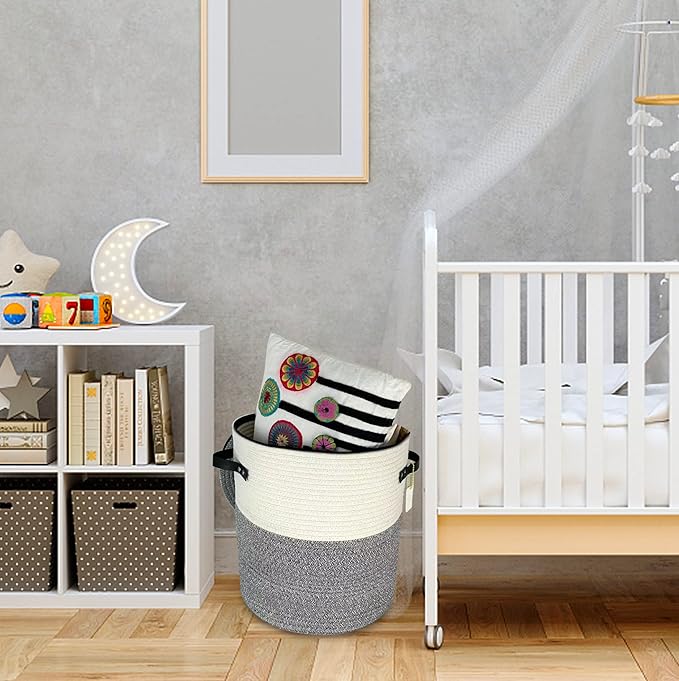 Cotton rope Storage Basket with Zipper cover & Woven baskets with Lid for Books, Blankets, hats, jackets，Multi-Purpose Storage Basket for Living Room,Christmas gifts. 14x13inches(Grey+White)