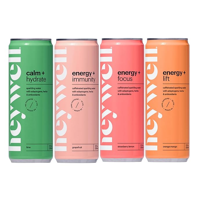 Heywell Sparkling Adaptogenic Water, Variety Pack 12 Fluid Ounce (Pack of 12) Includes - Lime, Grapefruit, Orange Mango, Strawberry Lemon - Calm Drink, Sparkling Drink