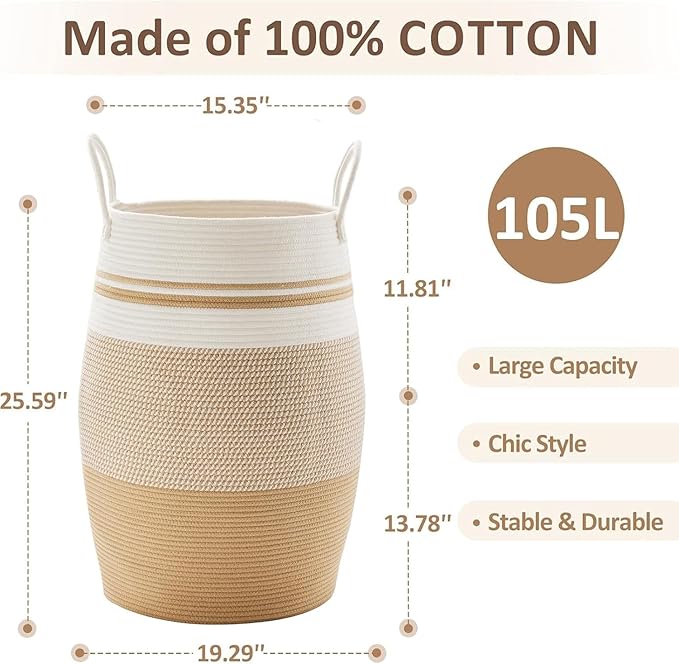 Fiona's magic 105L Extra Large Laundry Hamper Basket, Woven Tall Clothes Hamper for Storage Blanket, Toys and Dirty Cothes in Bedroom and Living Room Organizer, Yellow & White