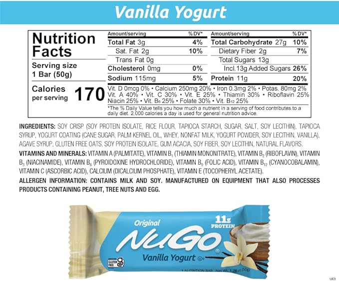 NuGo Original Variety, Vanilla Yogurt 15 bars & NEW! Churro 15 bars, 11g Protein, Gluten Free, 30 Count