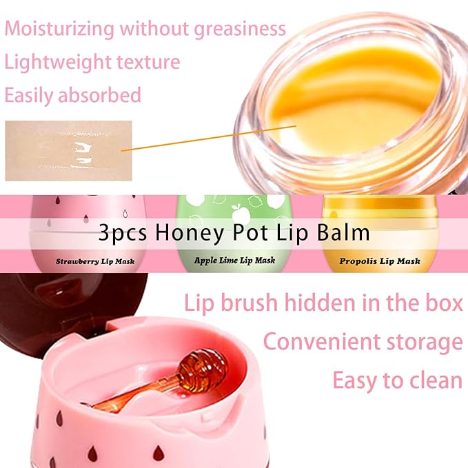Bee Propolis Peach Lip Balm - Moisturizing Lip Sleeping Mask for Dry Lips | Peach Extract & Propolis | Hydrating, Exfoliating Lip Treatment in Honey Pot Packaging