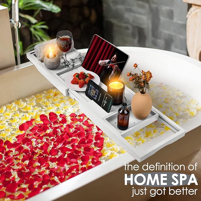 Foldable Bathtub Caddy Tray, Bamboo Bath Tub Tray Table for Tub with Wine Glass Holder Book Phone Tablet Holder with Extending Sides, Adjustable Bathroom Bathtub Free Soap Holder Gift Idea (White)