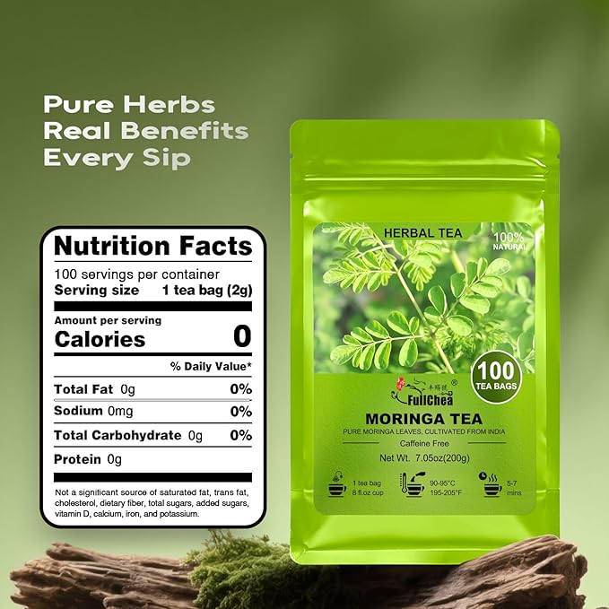 FullChea - Moringa Tea Bags, 100 Count - Pure & Natural Rosabella Moringa Leaves, Cultivated From India - Caffeine-free Herbal Tea for Supporting Digestion & Immune System - Non-GMO