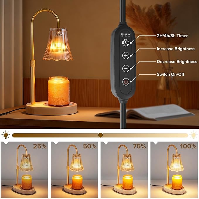 Candle Warmer Lamp with Timer, 4-Level Dimmable & Height Adjustable,Wax Melt Warmer for Jar Candles, Unique Design Enhances Home Ambiance (Amber)