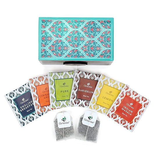 Octavius Assortment of 6 Black & Green Teas - 30 Enveloped Tea Bags in Ornate Floral Art Wooden Box | Tea Sampler Assortment Box Tea Variety Pack | Tea gift for Tea Lovers, Family, Friend