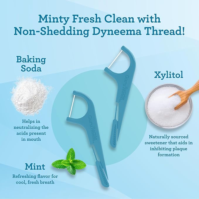 GuruNanda Quad Clean Floss Picks 4-in-1 with Tongue Scraper, Interdental Pik & Toothpick, Non-Shred Dyneema Thread, with Xylitol & Baking Soda, 300 ct