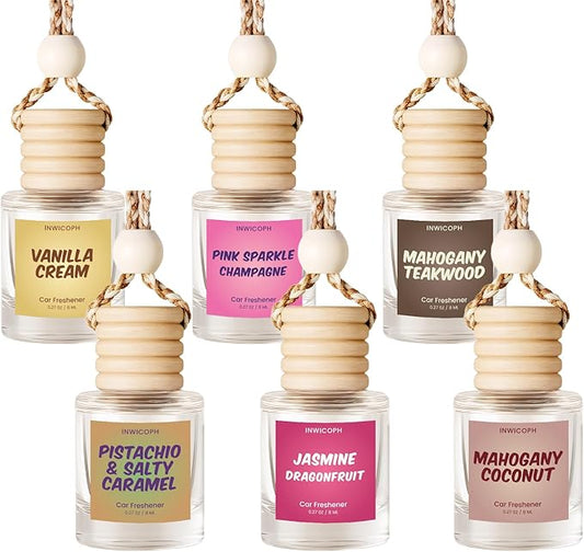 Car Air Freshener Diffuser 6 Pack Hanging Air Freshener, Vanilla Cream, Pink Sparkle Champagne, Mahogany Teakwood, Pistachio & Salty Caramel, Jasmine Dragonfruit and Mahogany Coconut Scents
