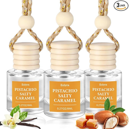 Hanging Car Air Freshener (Pack of 3) : Luxury Car Perfume for Women Men | Cute & Reusable Bottle with 45+ Days Long-Lasting Fragrance Oil Diffuser, Pistachio Salty Caramel