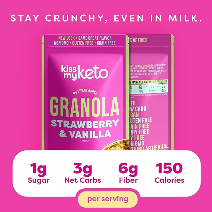 Kiss My Keto Sugar Free Granola, Strawberry Vanilla 4-Pack – Curb Cravings with Few Net Carbs – Allulose Sweetened, Resealable & Gluten-Free Crunchy Clusters – Grain Free Granola Great With Yogurt or Milk