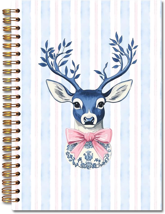 Exqcom Blue Chinoiserie Christmas Deer Spiral Notebook Gifts, Preppy Pink Bow Xmas Deer Journal for Women, Grandmillennial Christmas Hardcover Notebook Journal Office School Supplies, 5.5x8.3 Inch