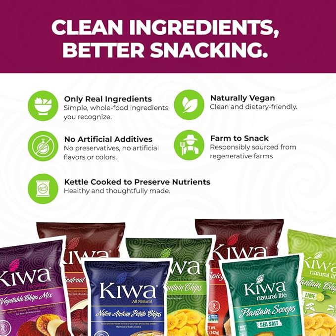 Kiwa Real Veggie Chips Healthy 2.5 Oz (Pack of 6) - Veggie Snacks with Plantain, Beet, Parsnip, Cassava, Sweet Potato - Gluten Free - Non-GMO Healthy Exotic Chips