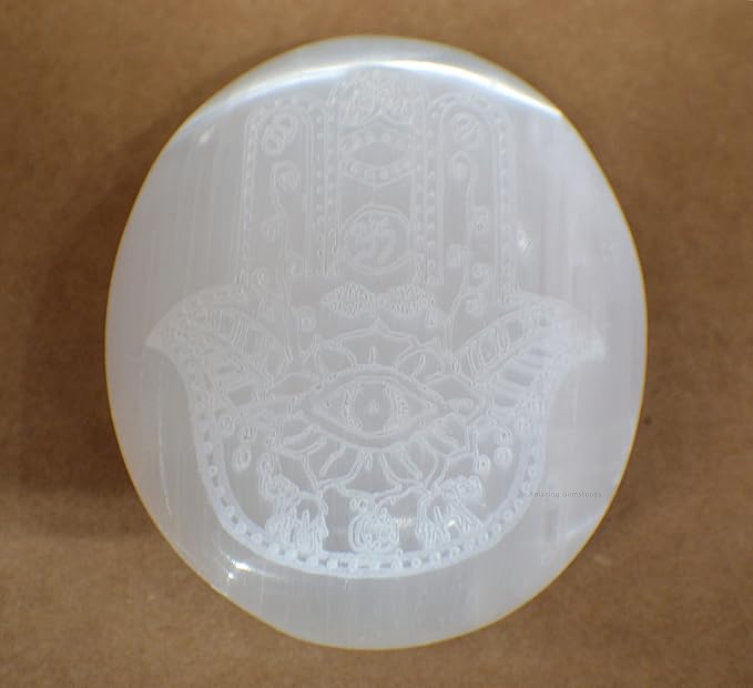 Amazing Gemstone Selenite Palm Stone - Hamsa Hand Engraved Hot Massage Worry Stone for Natural Body Chakra Balancing, Reiki Healing and Crystal Grid