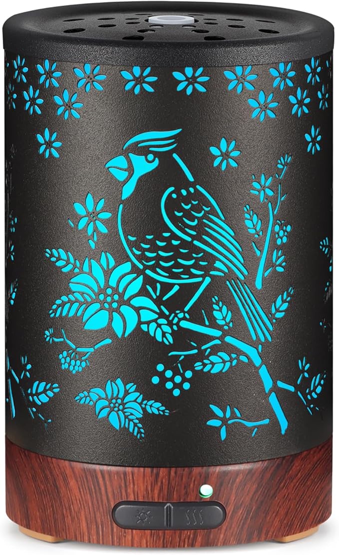 Essential Oil Diffuser- Aromatherapy Diffuser with7 Colors Light, and Auto-Off -Metal Cool Mist Humidifier for Home and Office（Red Bird）…