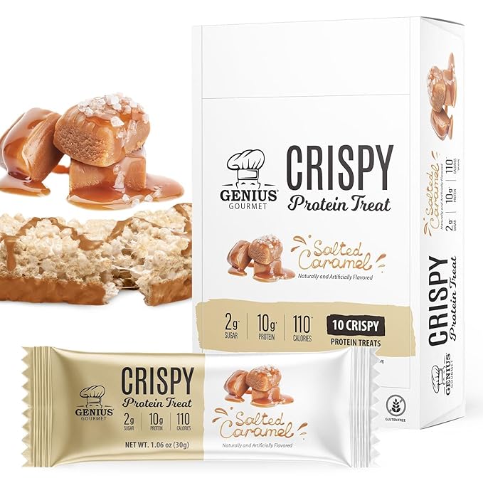 Genius Gourmet Crispy Protein Treat, Salted Caramel, Keto Snack, Low Carb, Low Sugar & Gluten Free, Protein Snacks for Adults, 10G of Whey Protein per Protein Bar, 5 Net Carbs, On The Go Snack, 10 CT