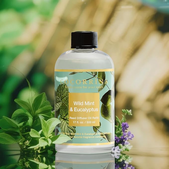 Cocorrína Reed Diffuser Refill Wild Mint & Eucalyptus 17oz (500ml) with 8 Sticks - Premium Long-Lasting Scented Oil, Home Fragrance for Bedroom, Bathroom Home Decor