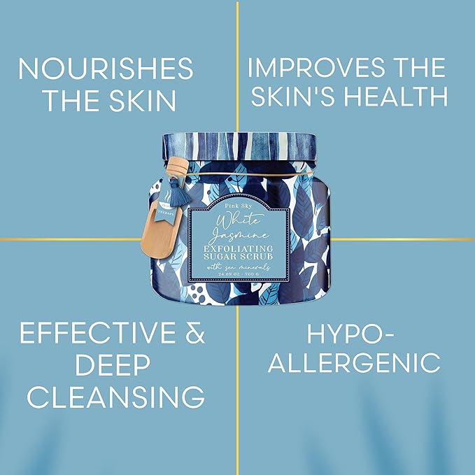 Pink Sky Exfoliating Body Scrub - Ultra Gentle Sugar Scrub for Smooth Skin - Premium Body Scrubs for Radiant, Soft Skin - Ideal Exfoliator for All Skin Types - 700g (White Jasmine, 24.69 Oz)