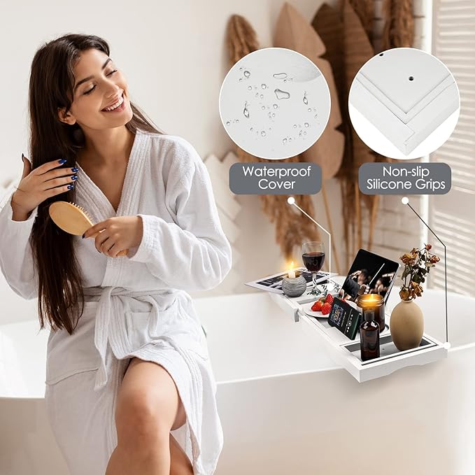 Foldable Bathtub Caddy Tray, Bamboo Bath Tub Tray Table for Tub with Wine Glass Holder Book Phone Tablet Holder with Extending Sides, Adjustable Bathroom Bathtub Free Soap Holder Gift Idea (White)