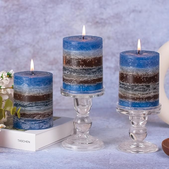 KONNI Blue-Coffee Layered Pillar Candles Set of 3, 3"x 4" Unscented Pillar Candles Bulk, 39 Hours Long Burning Candle, Smokeless & Dripless Round Candle for Wedding, Home Decor, Party, Spa, Dinner