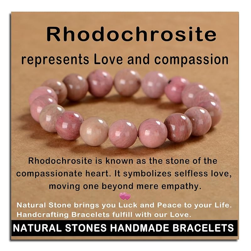 AD Beads Handmade Gemstone Stretch Elastic Bracelet Crystal Healing Reiki Nature's Beauty and Spiritual Essence Unisex (10mm, Rhodochrosite)