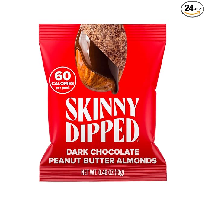 SkinnyDipped Dark Chocolate Peanut Butter Almonds, Healthy Snack, Plant Protein, Gluten Free, 0.46 oz Mini Bags, Pack of 24