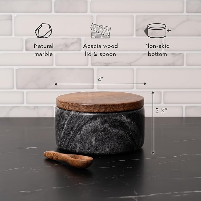 Cork & Mill Grey Marble Salt Cellar with Acacia Wood Lid and Spoon - Elegant Modern Salt Container for Countertop - Handcrafted Pepper Pot - Wide 4” Pepper Holder with Non-Skid Feet