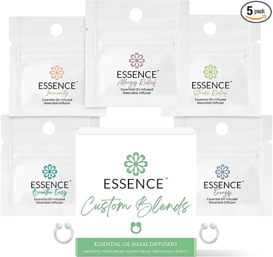 Essence Nasal Diffuser Custom Blends Bundle – Essential Oil Silicone Nose Rings for Energy, Immunity, Stress & Allergy Relief – Wearable Aromatherapy for Daily Wellness & Relaxation