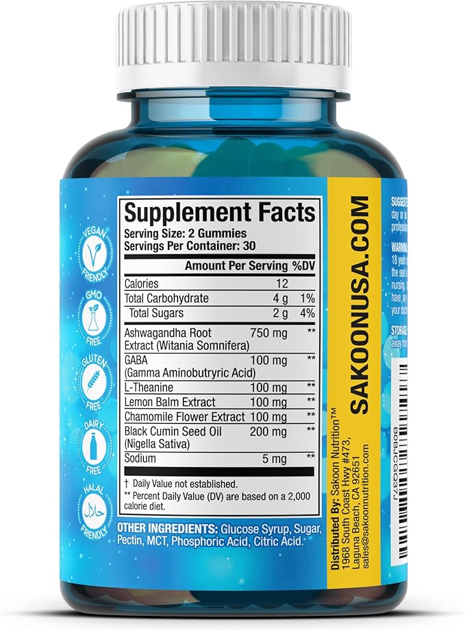 6-in-1 Stress Relief Gummies 60ct - Aids Relaxation with Ashwagandha, GABA, L-theanine, Lemon Balm, Chamomile, Black Cumin Seed Nigella Sativa. Improved Deep Sleep, Joint Support - 60 gummies