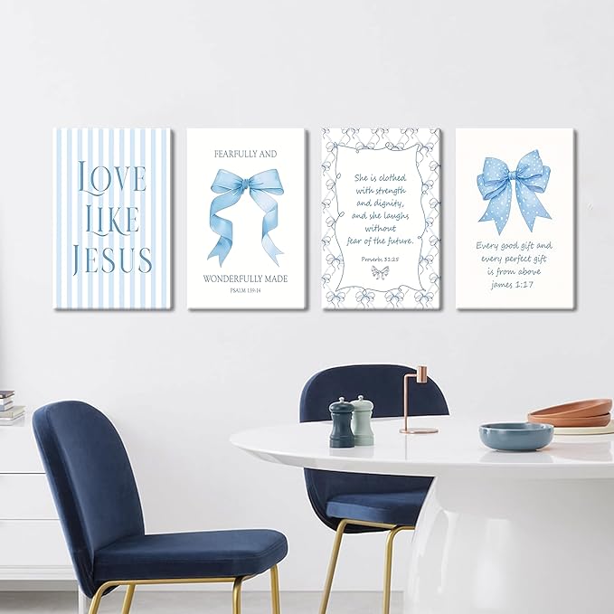Light Blue Bow Christian Wall Art for Girls Dorm – Coquette Aesthetic Scripture Canvas Prints, Christian Wall Decor for Teen Room, or Bathroom – Framed Cute Spiritual Decor 12x16 inch