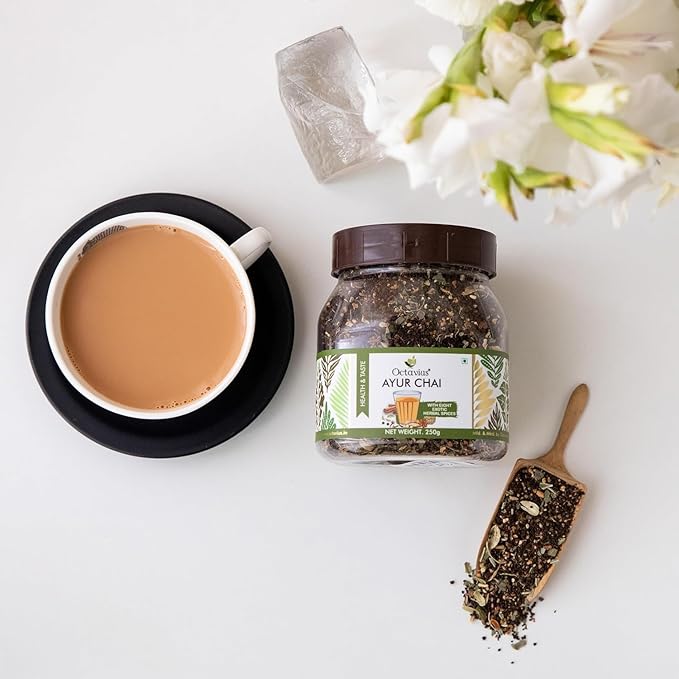 Octavius Ayur Chai Nature Care Tea | 250g Jar | Exotic Indian Ayurvedic Herbal Blend | Wellness & Immunity Boosting Tea | Caffeine-Free Herbal Tea