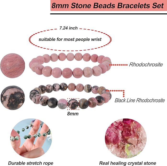Bivei Natural Gemstone Semi Precious Healing Crystals Handmade Stretchy Round Beads Bracelet, Enhance Positive Energy