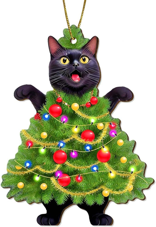Black Cat Wooden Ornament - Cute Screaming Cat Decorative Pendant - Black Cat Hanging Gifts for Cat Lovers - 2 Side Printed Christmas Tree Ornament
