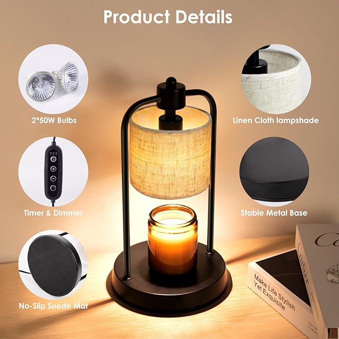 Candle Warmer Lamp Electric with Timer: Wax Melts Warmer - Dimmable Candle Wax Warmer Electric Candle Warmer with Replacement Bulbs, Bedroom Home Decor Compatible with Various Candles-Linen