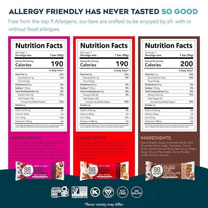 88 Acres Granola Bars | Variety | Gluten Free, Nut-Free Oat and Seed Snack Bar | Vegan & Non GMO | 12 Pack