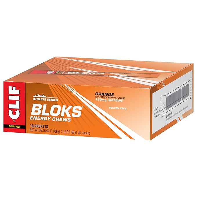 CLIF BLOKS - Orange Flavor with Caffeine - Energy Chews - Non-GMO - Plant Based - Fast Fuel for Cycling and Running - Quick Carbohydrates and Electrolytes - 2.12 oz. (18 Count)