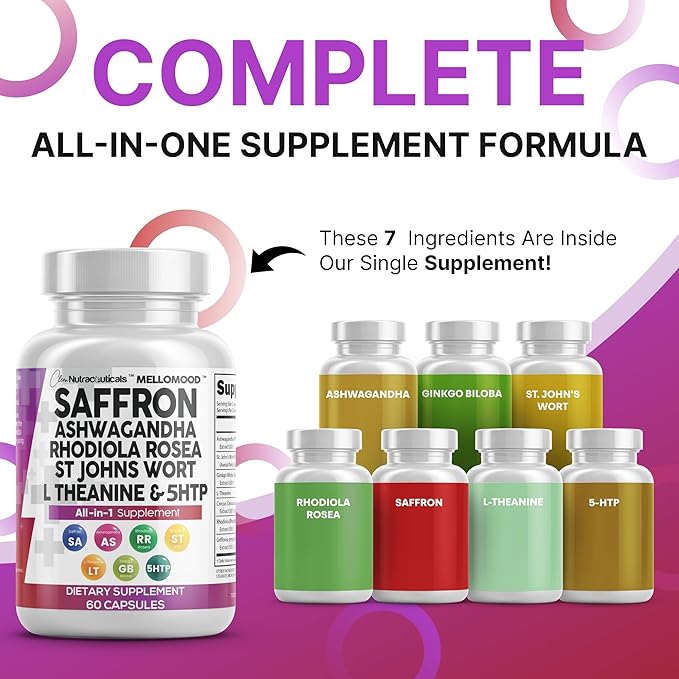 Clean Nutraceuticals Saffron Supplements Extract 100mg + Ashwagandha L-Theanine 200mg - Mood Support Ginkgo Biloba, St. John's Wort, Rhodiola Rosea & 5-HTP Capsules Pills Men Women