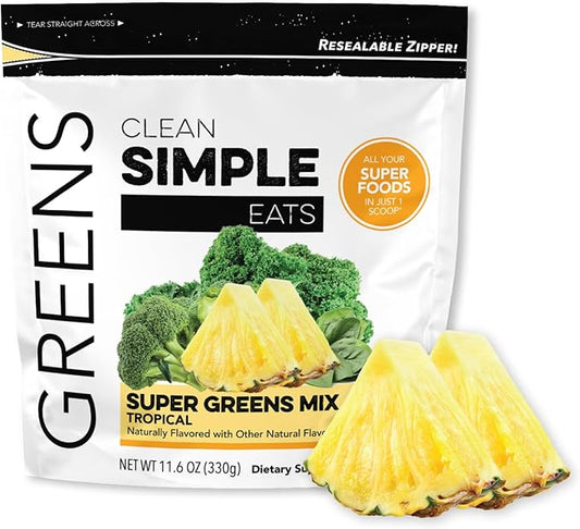 Clean Simple Eats Super Greens Powder, Naturally Flavored Greens Powder with Chlorella, Spirulina, Superfoods & Prebiotic Fiber, No Artificial Ingredients, Gluten Free, Tropical Greens Flavor, 30 Srvg