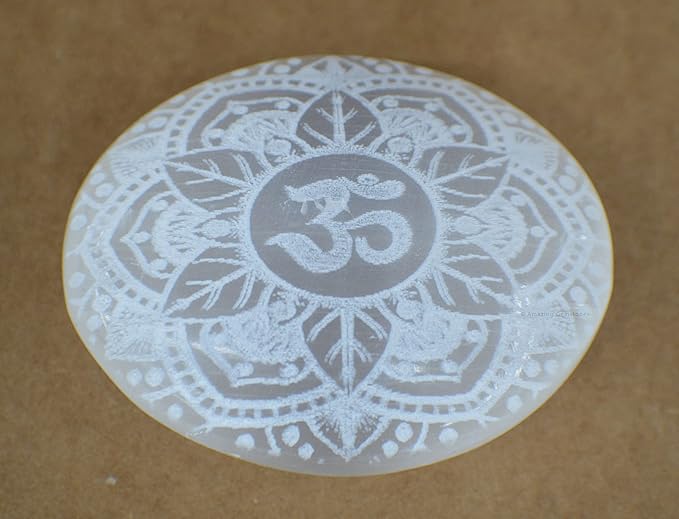 Amazing Gemstone Selenite Palm Stone - OM Engraved Hot Massage Worry Stone for Natural Body Chakra Balancing, Reiki Healing and Crystal Grid