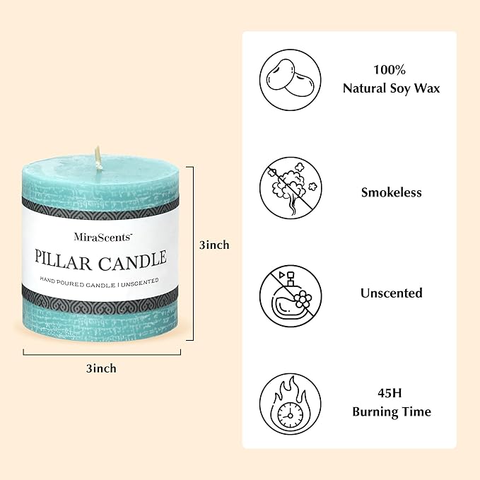 3x3 Inch Turquoise Pillar Candles Set of 3 - Unscented Candles, Long Clean Burning, Large Big Candles, Smokeless Dripless Pillar Candles for Dinner Table, Wedding, Home, Bathroom, Rustic Decor