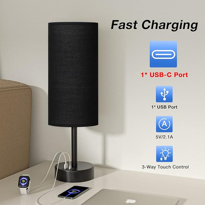 Black Touch Nightstand Lamps for Girl - Small Bedside Lamp with USB-C and USB Charging Ports, 3 Way Dimmable Control Table Lamp for Living Room Office, Dorm, Reading with Fabric Shade Black Base