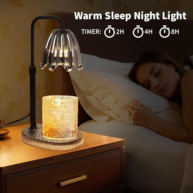 Candle Warmer Lamp with Timer: Adjustable Height and 4 Dimmer, Crystal Glass Base, Heater Wax Warmer for Jar Scented, Home Décor and Housewarming & Birthday Gift for Mom Woman, 2 Bulbs (Crown Grey)