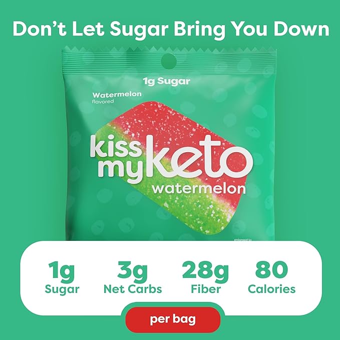 Kiss My Keto Sugar Free Gummies, Gummy Watermelon 12-Pack – Satisfy Cravings while Staying in Ketosis – High Fiber, 3g Net Carbs, Non-GMO, Vegan, & No Gluten – Calorie-Friendly Vegan Candy