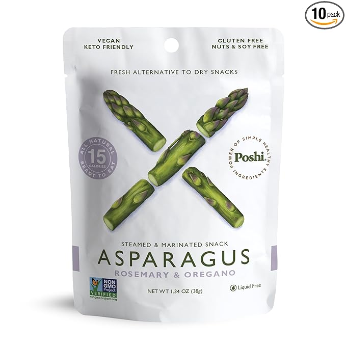 POSHI Marinated Asparagus Cuts Snack Pack | Rosemary + Oregano | Keto, Vegan, Paleo, Non GMO, Low Carb + Calorie, Gluten Free, Fully Cooked Vegetables, Gourmet, Healthy, All Natural (10 Pack, 1.34 oz)