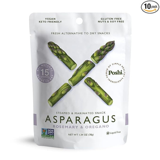 POSHI Marinated Asparagus Cuts Snack Pack | Rosemary + Oregano | Keto, Vegan, Paleo, Non GMO, Low Carb + Calorie, Gluten Free, Fully Cooked Vegetables, Gourmet, Healthy, All Natural (10 Pack, 1.34 oz)