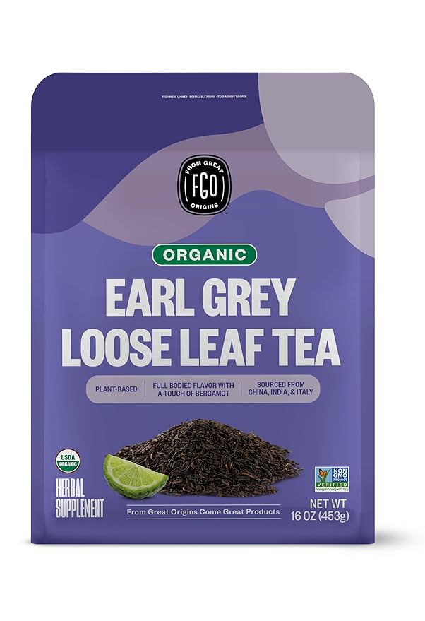 FGO Organic Earl Grey Black Tea, 16 Ounce Loose Leaf Bulk Resealable Bag, 16oz, Packaging May Vary (Pack of 1)