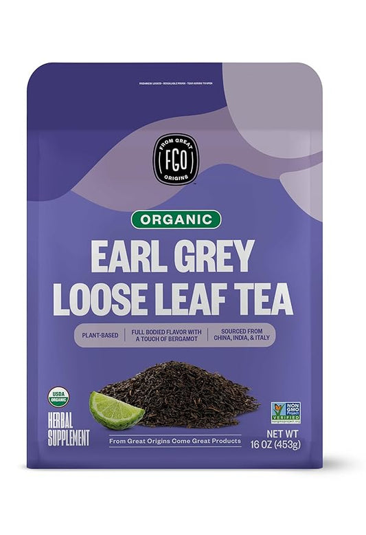 FGO Organic Earl Grey Black Tea, 16 Ounce Loose Leaf Bulk Resealable Bag, 16oz, Packaging May Vary (Pack of 1)