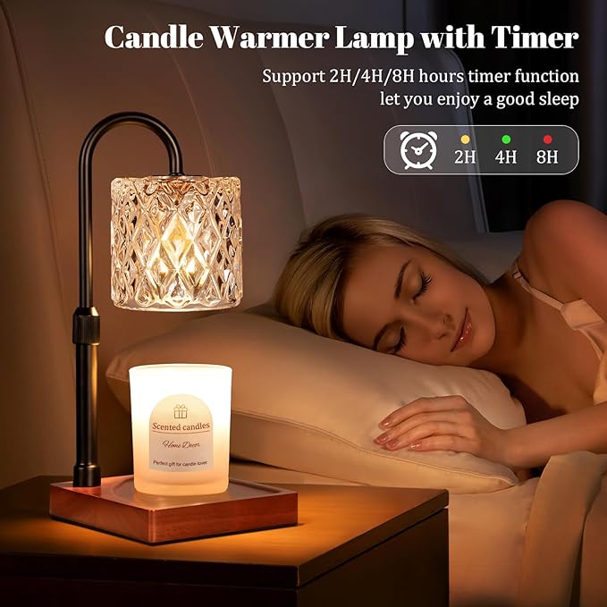Candle Warmer Lamp with Timer -Dimmable Adjustable Height Wax Melt Warmer for Jar Candles,Vintage Home Decor with Elegant Amber Glass,Birthday Gifts for Women, Mom, Friend