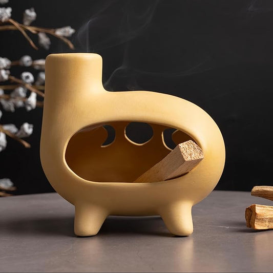Elegant Handcrafted Ceramic Palo Santo Burner-Yellow Terracotta Footed Incense Holder for Meditation,Compatible with Wood Sticks,Sage,Ash&Cones-Mini Aromatic Home Altar with Chimney Design