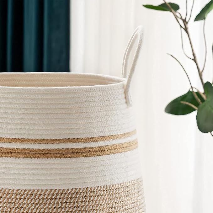 Fiona's magic 105L Extra Large Laundry Hamper Basket, Woven Tall Clothes Hamper for Storage Blanket, Toys and Dirty Cothes in Bedroom and Living Room Organizer, Yellow & White